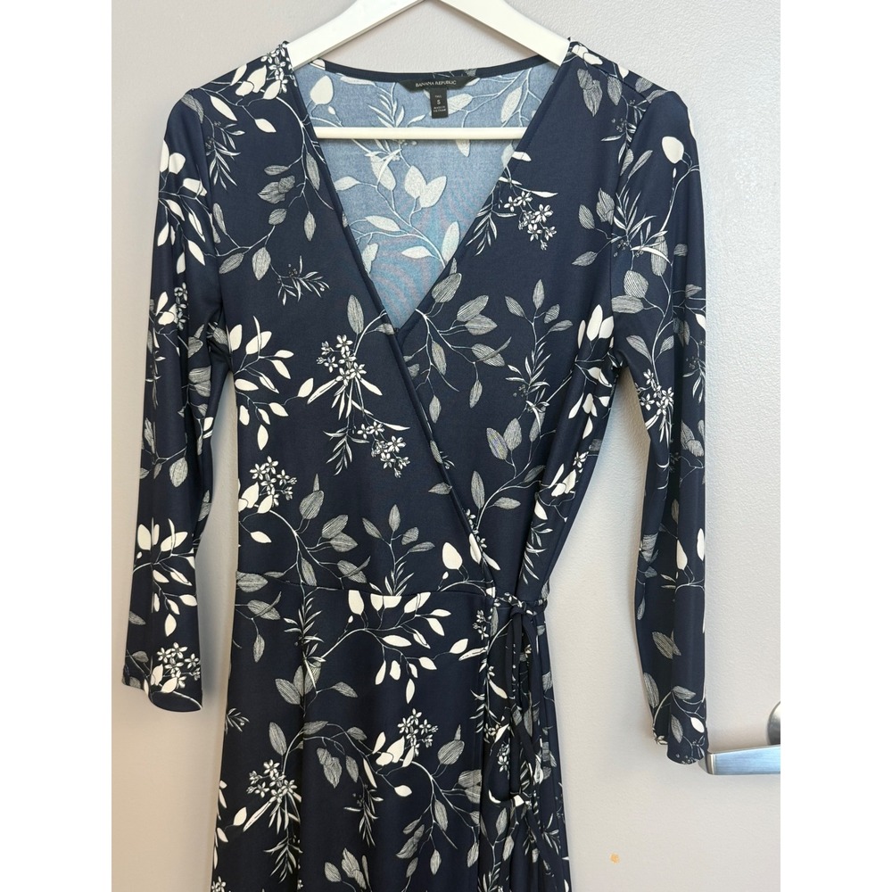 Banana Republic Wrap Dress Womens Small Tall Navy Blue Floral Long Sleeve Midi - Picture 4 of 11